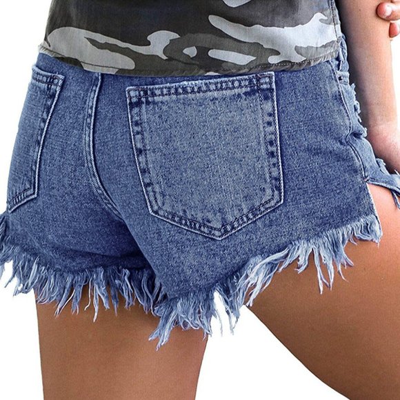 New Womens Blue Ripped Tasseled Hem Denim Shorts Small - Picture 2 of 4